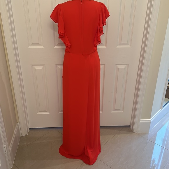 Small BCBGMAXAZRIA red full length gown with ruffle sleeves and side slit. NBW. - Picture 7 of 9